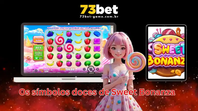 Símbolos de pagamento do jogo Sweet Bonanza, incluindo frutas e doces